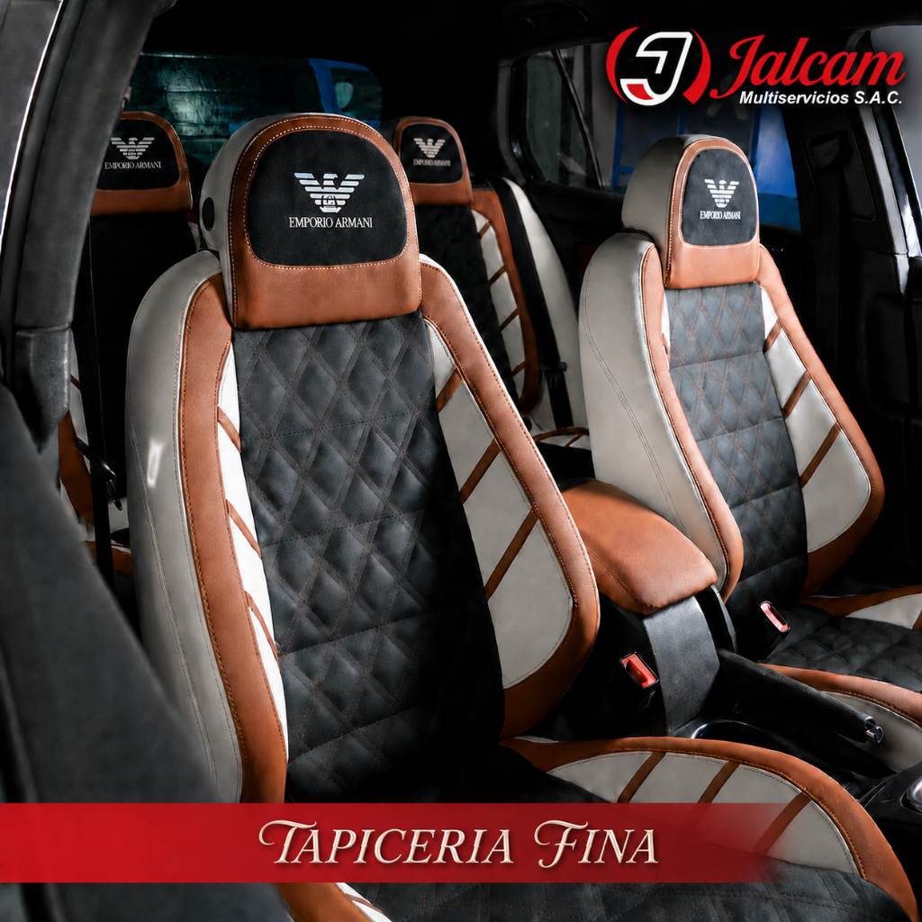 Interior de camioneta con tapicería fina en negro, gris y marrón