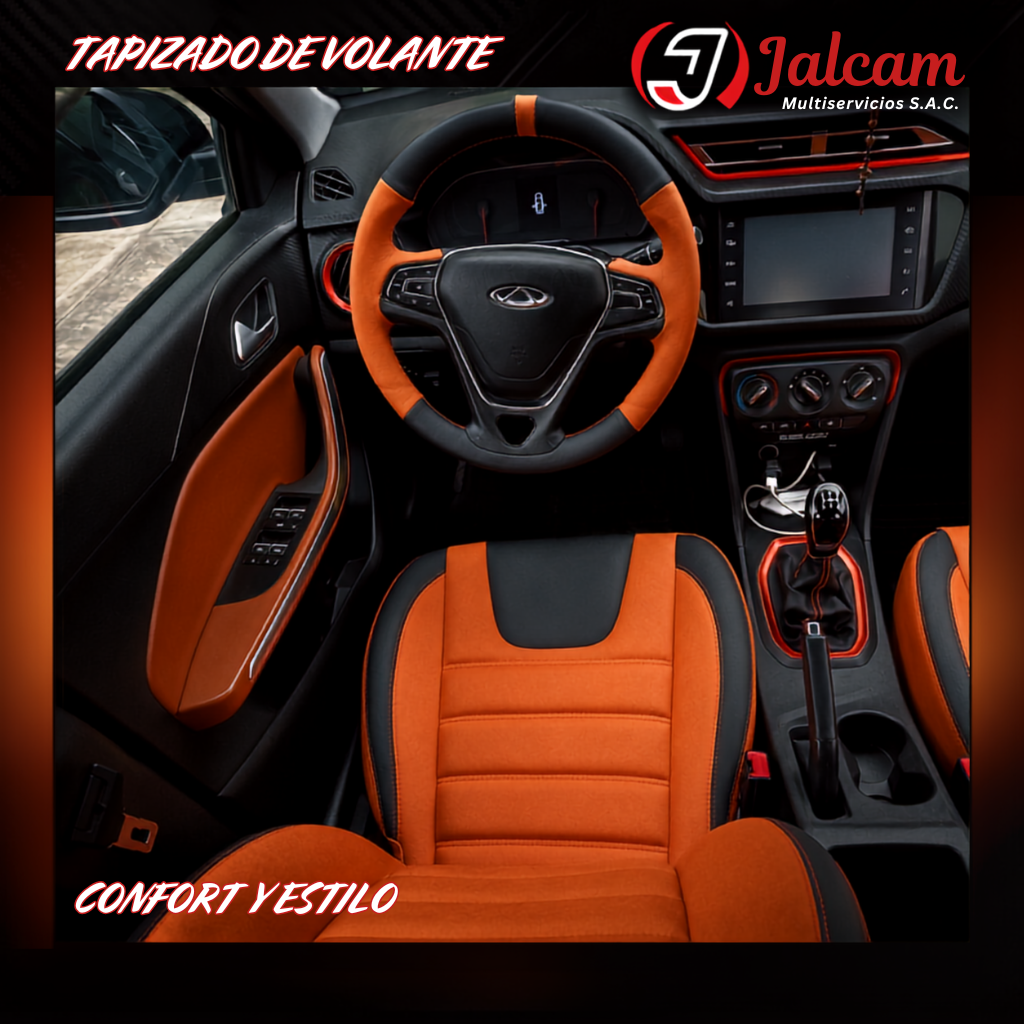 Volante e interior automotriz tapizados en negro y naranja