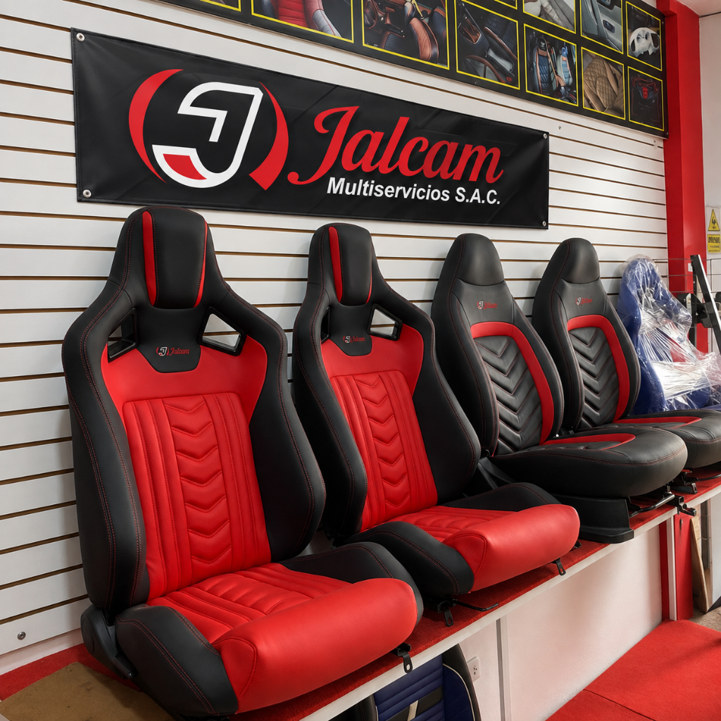 Asientos automotrices deportivos rojos y negros en exhibición