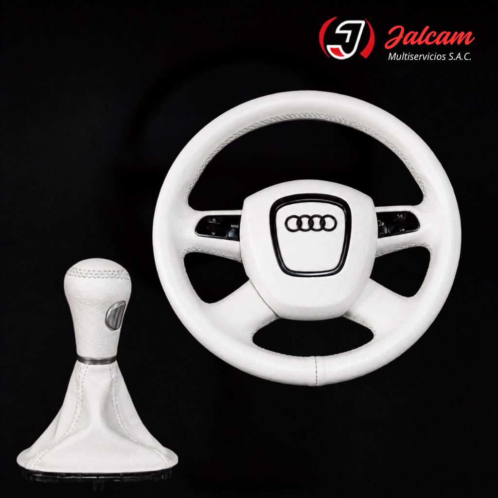 Volante y palanca Audi tapizados en color blanco