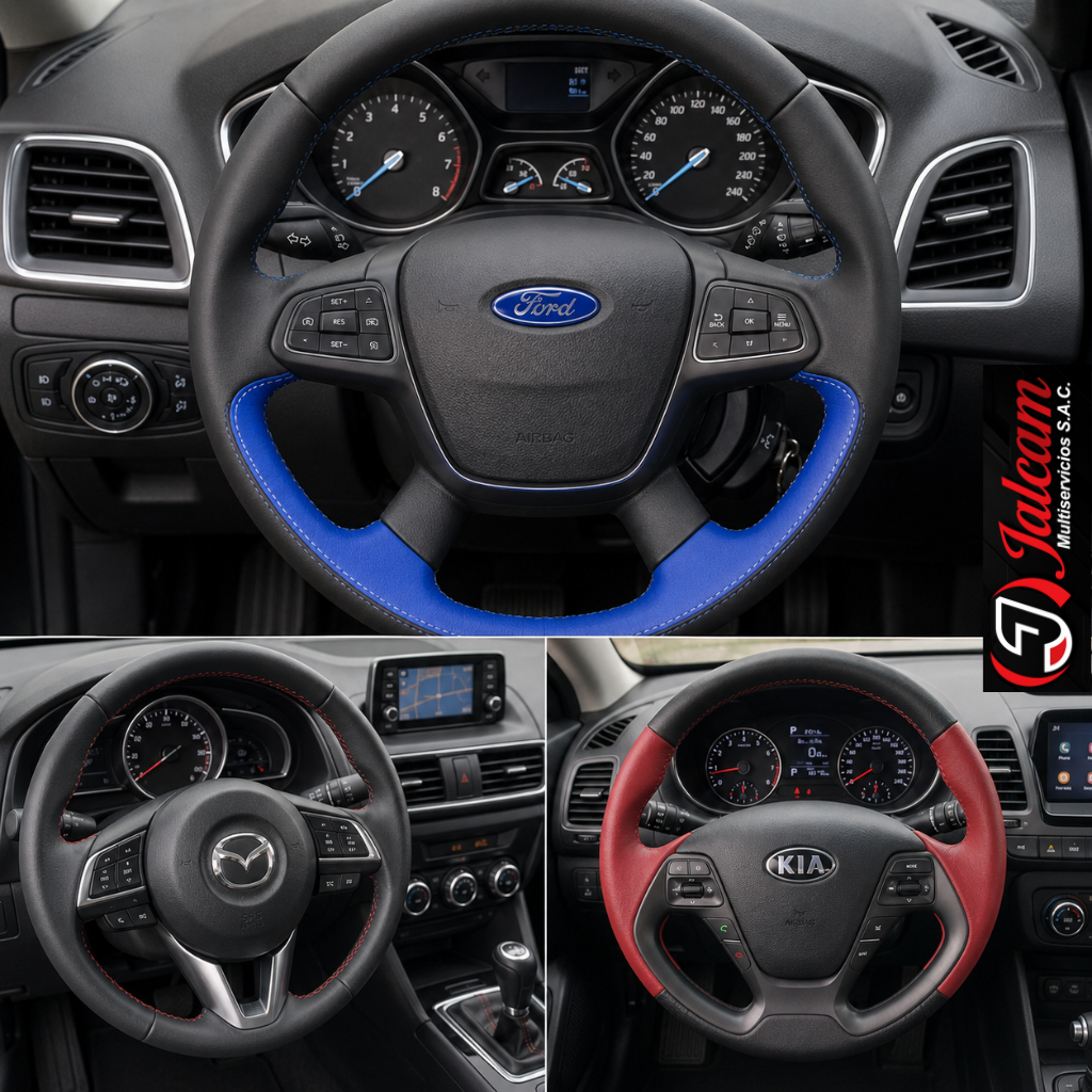 Composición de volantes personalizados en negro, azul y rojo
