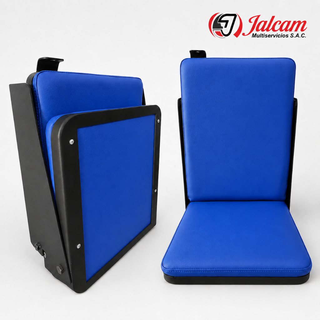 Asientos plegables tapizados en azul con estructura negra