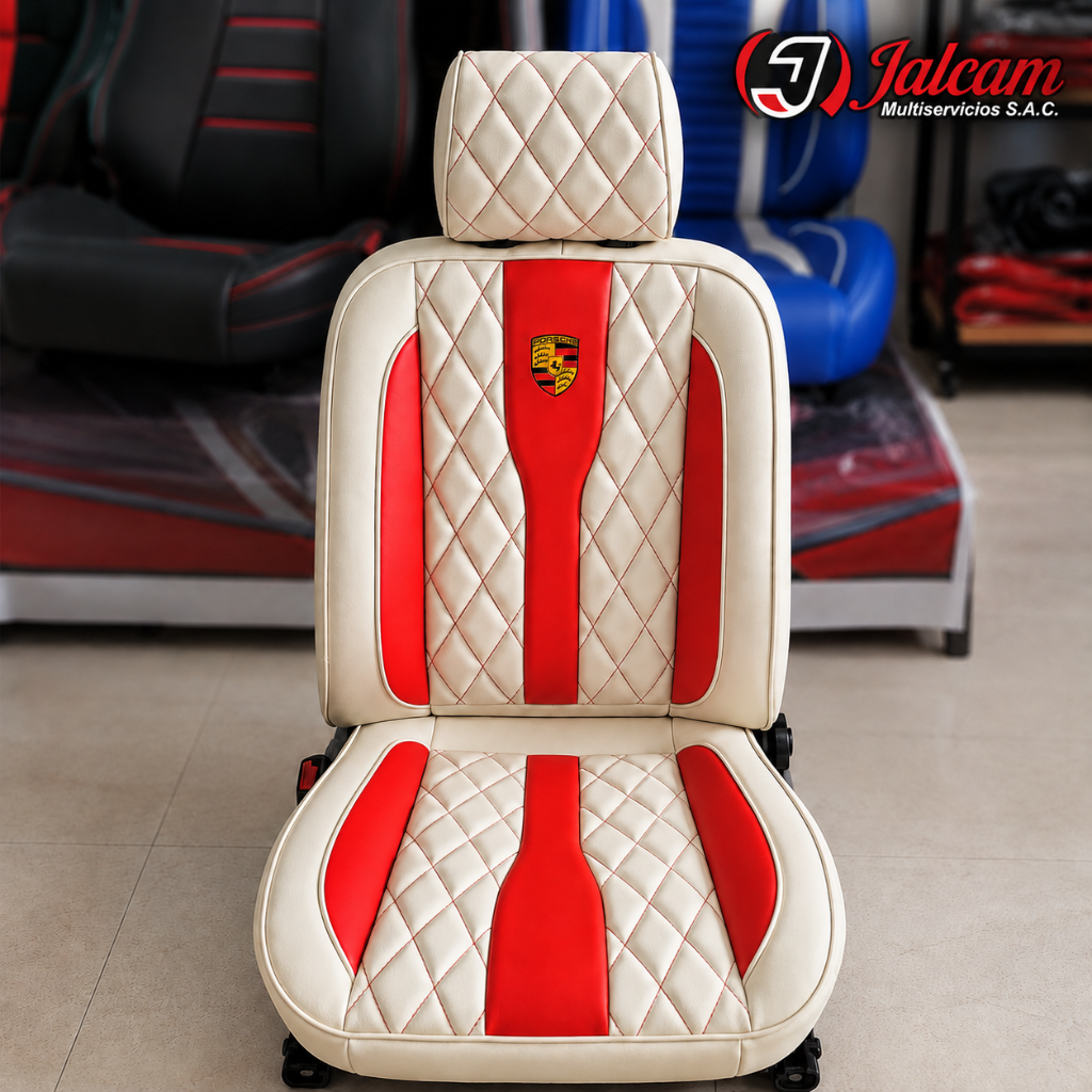 Asiento automotriz personalizado en rojo y crema con rombos